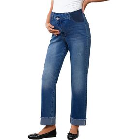 BLENCOT Women's Maternity Jeans Elastic Hight Waisted Stretchy Jeans Crisscross Waist Pregnancy Denim Pants with Raw Hem in Kuwait