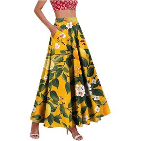 Long Skirts for Women Dressy Boho Elastic High Waist Floral Pleated A-Line Maxi Skirt Trendy Beach Vacation Outfit in Kuwait