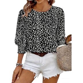 Halife Womens Blouses 3/4 Sleeve Dressy Tops Business Casual Crew Neck Smocked Cuffed Shirts in Kuwait