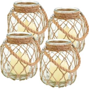 4 مجموعات من فانوس الشموع البحري مقاس 5.5 بوصة × 5.5 بوصة × 6.3 بوصة، برطمان زجاجي ساحلي يعمل ببطارية LED، فانوس عديم اللهب مع مقبض حبل لتزيين قطع مركزية لطاولة الشاطئ والمنزل والشاطئ in Kuwait