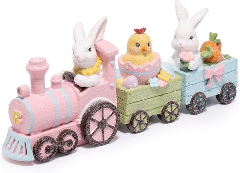 Hodao Easter Bunny Train Figurines, 3-Piece Resin Rabbit Tabletop Decor with Carrots & Eggs, Pastel Spring Holiday Decoration for Home, Shelf, Mantel, Tiered Tray, Gift for Easter in Saudi Arabia