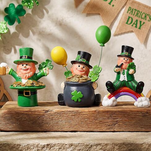 Bucherry St Patrick's Day Leprechaun Figurines Set of 3 Resin Irish Lucky Clover Tabletop Decor for Tiered Tray, Shelf, Mantle Home Decoration in Saudi Arabia