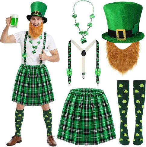 6pcs St Patricks Day Costume for Men, Irish Plaid Green Kilt with Suspenders Socks Leprechaun Hat Beard and Cup Necklace in Saudi Arabia