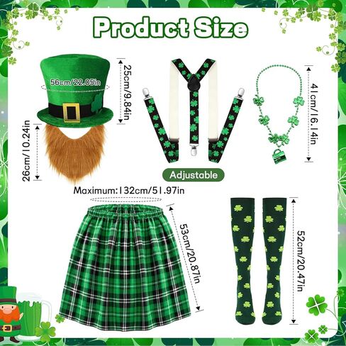 6pcs St Patricks Day Costume for Men, Irish Plaid Green Kilt with Suspenders Socks Leprechaun Hat Beard and Cup Necklace in Saudi Arabia