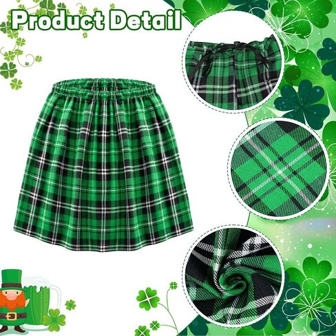6pcs St Patricks Day Costume for Men, Irish Plaid Green Kilt with Suspenders Socks Leprechaun Hat Beard and Cup Necklace in Saudi Arabia