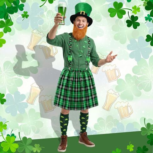 6pcs St Patricks Day Costume for Men, Irish Plaid Green Kilt with Suspenders Socks Leprechaun Hat Beard and Cup Necklace in Saudi Arabia