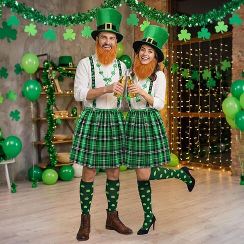 6pcs St Patricks Day Costume for Men, Irish Plaid Green Kilt with Suspenders Socks Leprechaun Hat Beard and Cup Necklace in Saudi Arabia
