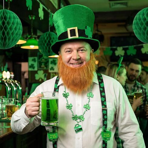 6pcs St Patricks Day Costume for Men, Irish Plaid Green Kilt with Suspenders Socks Leprechaun Hat Beard and Cup Necklace in Saudi Arabia