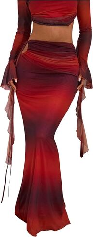 SHENHE Women's Y2k Mesh Maxi Skirt Ruched Cut Out Tie Dye Bodycon Long Fishtail Skirt in Saudi Arabia