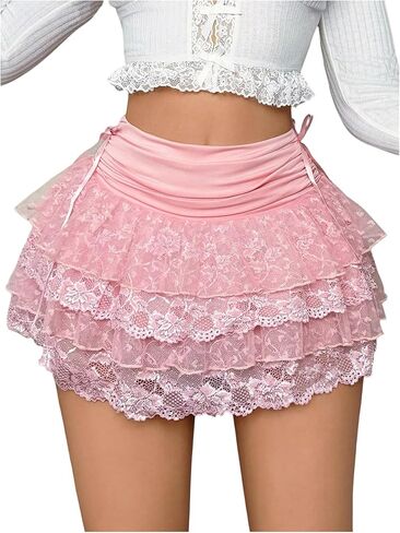 GORGLITTER Women's Lace Mini Skirts Trendy Y2k Holiday Layered Ruffle Country Concert Going Out Coquette Cute Skirts in Saudi Arabia