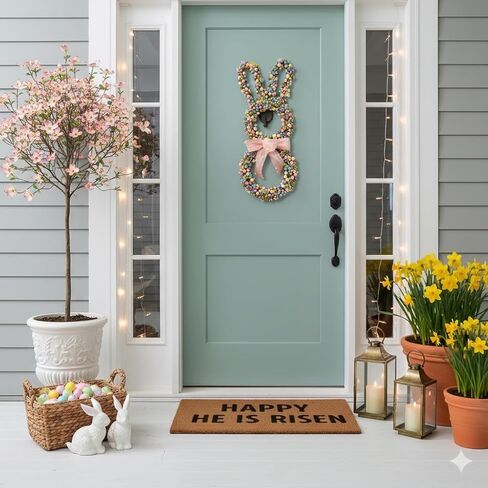 18 Inch Easter Bunny Berries Wreath for Front Door, Spring Easter Twig Bunny Ribbon Bow Wreath for Indoor Outdoor, Easter Wreath Decorations for Easter in Saudi Arabia