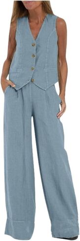 Linen Set for Women - 2 Piece Outfits Button Down V Neck Sleeveless Top High Waisted Wide Leg Pants Matching Set in Saudi Arabia
