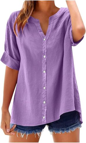 Tops for Women Trendy Summer Short Sleeve V Neck Button Down Blouse Casual Solid Cotton Linen Shirt Vacation Fashion in Saudi Arabia