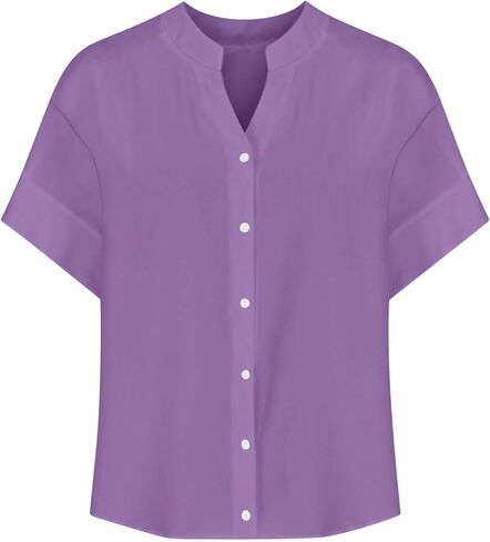 Tops for Women Trendy Summer Short Sleeve V Neck Button Down Blouse Casual Solid Cotton Linen Shirt Vacation Fashion in Saudi Arabia