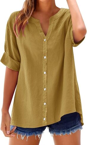 بلايز للنساء الصيف العصرية كم قصير الخامس الرقبة زر أسفل بلوزة عادية الصلبة القطن الكتان قميص عطلة الموضة in Kuwait