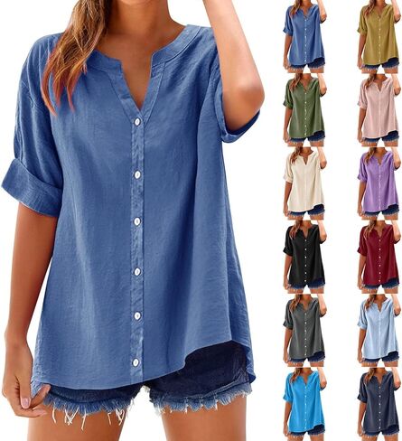 Tops for Women Trendy Summer Short Sleeve V Neck Button Down Blouse Casual Solid Cotton Linen Shirt Vacation Fashion in Saudi Arabia
