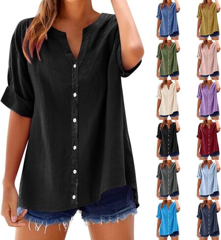 Tops for Women Trendy Summer Short Sleeve V Neck Button Down Blouse Casual Solid Cotton Linen Shirt Vacation Fashion in Saudi Arabia