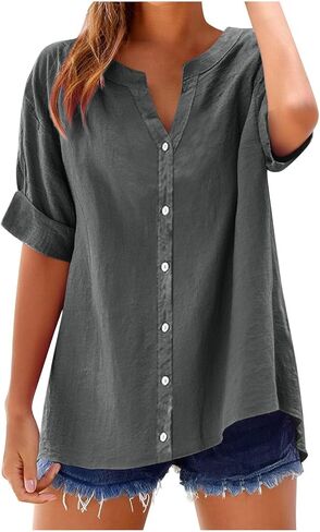 Tops for Women Trendy Summer Short Sleeve V Neck Button Down Blouse Casual Solid Cotton Linen Shirt Vacation Fashion in Saudi Arabia