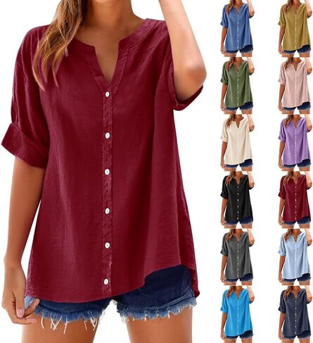 Tops for Women Trendy Summer Short Sleeve V Neck Button Down Blouse Casual Solid Cotton Linen Shirt Vacation Fashion in Saudi Arabia