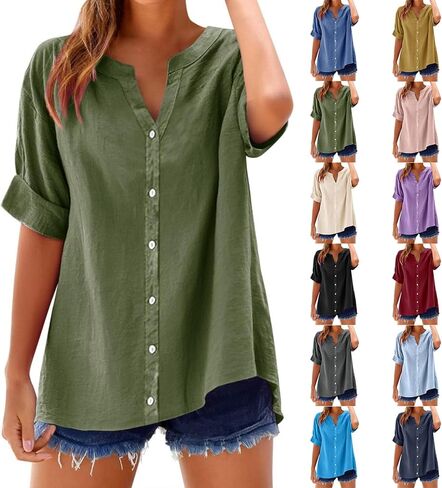 Tops for Women Trendy Summer Short Sleeve V Neck Button Down Blouse Casual Solid Cotton Linen Shirt Vacation Fashion in Saudi Arabia