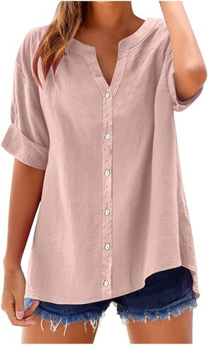 Tops for Women Trendy Summer Short Sleeve V Neck Button Down Blouse Casual Solid Cotton Linen Shirt Vacation Fashion in Saudi Arabia