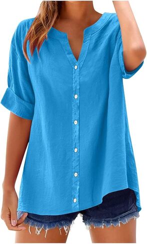Tops for Women Trendy Summer Short Sleeve V Neck Button Down Blouse Casual Solid Cotton Linen Shirt Vacation Fashion in Saudi Arabia