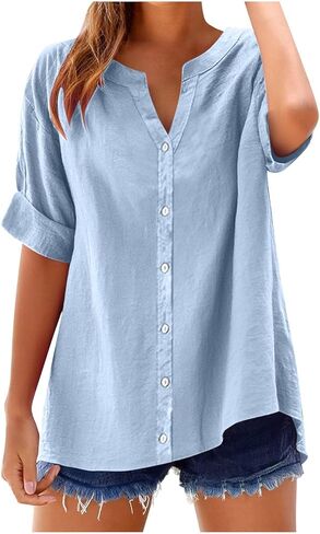 Tops for Women Trendy Summer Short Sleeve V Neck Button Down Blouse Casual Solid Cotton Linen Shirt Vacation Fashion in Saudi Arabia
