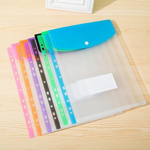 6 Pcs A4 Clear Plastic Punched Wallets 11 Hole Document Pockets Expandable Ring Binder Folders Top Opening File Wallets with Snap Button Label Pocket for School Office in Saudi Arabia