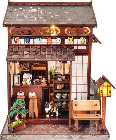 DIY Book Nook Kit for Adults, Japanese Sakura Dollhouse Kit, Miniature House Kit with LED Light, Mini Building Kit, 3D Wooden Puzzles Bookshelf Craft Diorama for Adults Teen Gifts (Sakura Cat Alley) in Saudi Arabia