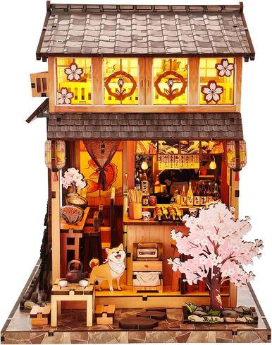 DIY Book Nook Kit for Adults, Japanese Sakura Dollhouse Kit, Miniature House Kit with LED Light, Mini Building Kit, 3D Wooden Puzzles Bookshelf Craft Diorama for Adults Teen Gifts (Sakura Cat Alley) in Saudi Arabia