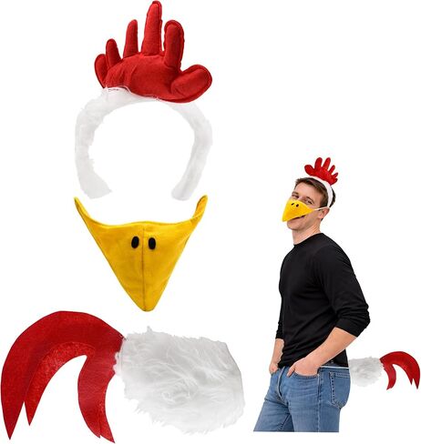 White Rooster Chicken Costume Kit - Fuzzy Headband Tail Beak Nose Mask Costume Accessory Set, Multi-Color, One Size in Saudi Arabia