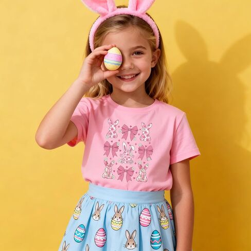 Girl Easter Shirts Bunny Egg T-Shirt Graphic Cotton Short Sleeve Tees 3-13 Years in Saudi Arabia