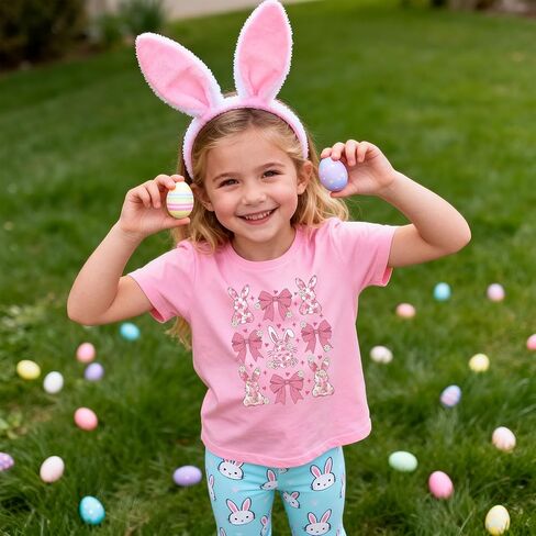 Girl Easter Shirts Bunny Egg T-Shirt Graphic Cotton Short Sleeve Tees 3-13 Years in Saudi Arabia