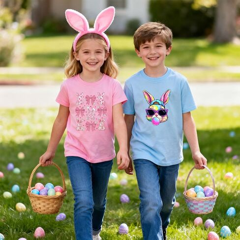 Girl Easter Shirts Bunny Egg T-Shirt Graphic Cotton Short Sleeve Tees 3-13 Years in Saudi Arabia