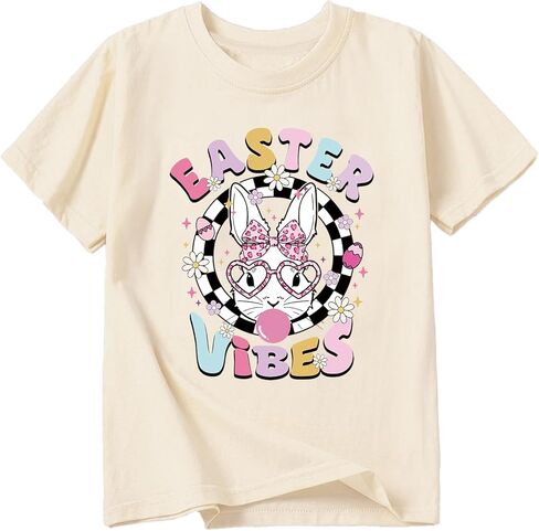 Girl Easter Shirts Bunny Egg T-Shirt Graphic Cotton Short Sleeve Tees 3-13 Years in Saudi Arabia