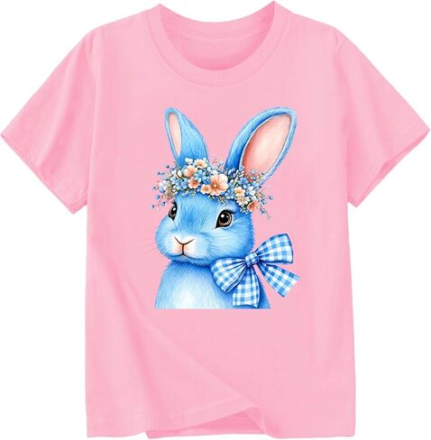 تي شيرت بناتي لعيد الفصح على شكل بيضة أرنب تي شيرت قطني بأكمام قصيرة من 3 إلى 13 سنة in Kuwait