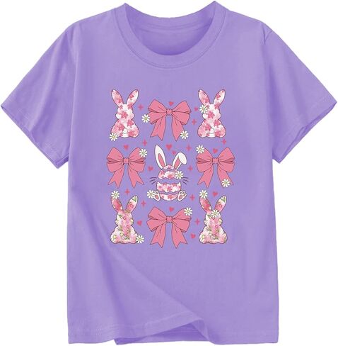 Girl Easter Shirts Bunny Egg T-Shirt Graphic Cotton Short Sleeve Tees 3-13 Years in Saudi Arabia