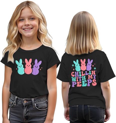 MODNTOGA Boys Girls Easter Outfit Bunny Graphic T-Shirt Chillin' with My Peeps Letter Back Print Shirt Short Sleeve Tee Tops in Saudi Arabia