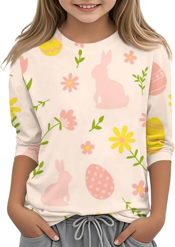 Boys Easter Shirt Summer 3/4 Sleeve Tween Shirts Rabbit Print Tops Holiday Cute Blouses Fitted Clothes 2-13Y in Saudi Arabia