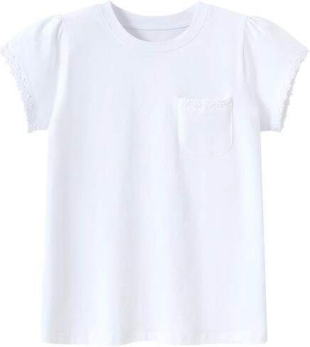 Girl Short Sleeve T Shirts Cotton T-Shirts Floral Trim Tees with Pocket Tops Blouse 5-12Y in Saudi Arabia