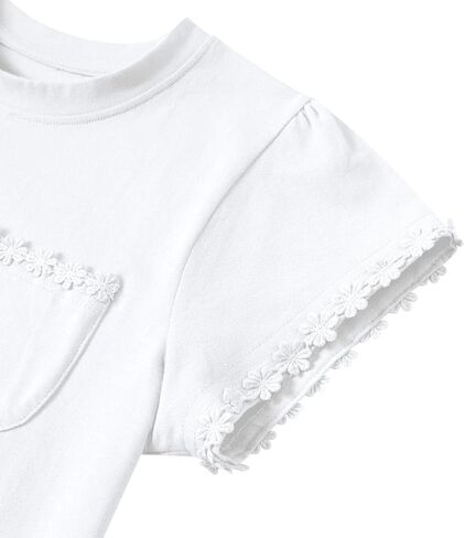 Girl Short Sleeve T Shirts Cotton T-Shirts Floral Trim Tees with Pocket Tops Blouse 5-12Y in Saudi Arabia