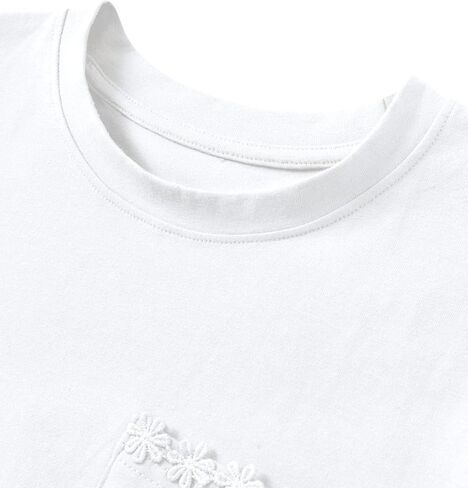 Girl Short Sleeve T Shirts Cotton T-Shirts Floral Trim Tees with Pocket Tops Blouse 5-12Y in Saudi Arabia