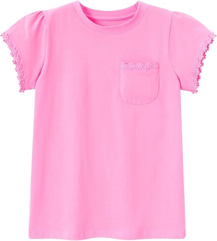 Girl Short Sleeve T Shirts Cotton T-Shirts Floral Trim Tees with Pocket Tops Blouse 5-12Y in Saudi Arabia