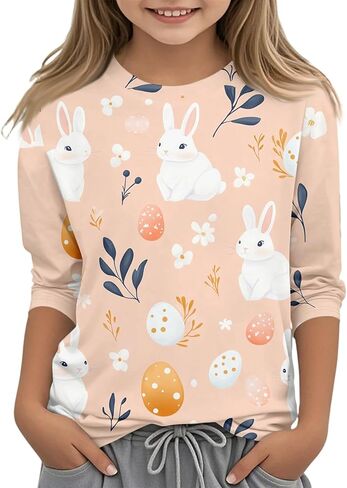 Boys Easter Shirt Summer 3/4 Sleeve Tween Shirts Rabbit Print Tops Holiday Cute Blouses Fitted Clothes 2-13Y in Saudi Arabia