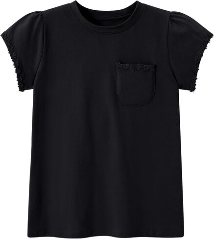 Girl Short Sleeve T Shirts Cotton T-Shirts Floral Trim Tees with Pocket Tops Blouse 5-12Y in Saudi Arabia