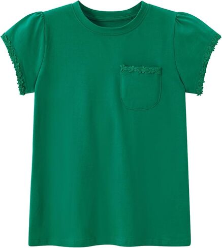 Girl Short Sleeve T Shirts Cotton T-Shirts Floral Trim Tees with Pocket Tops Blouse 5-12Y in Saudi Arabia
