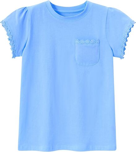 Girl Short Sleeve T Shirts Cotton T-Shirts Floral Trim Tees with Pocket Tops Blouse 5-12Y in Saudi Arabia