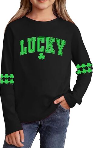 تي شيرت للفتيات لعيد القديس باتريك للأطفال Lucky Shamrock Graphic تي شيرت St Pattys بأكمام طويلة 5-12 سنة in Saudi Arabia