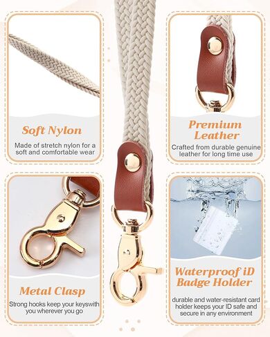 Teachers Stretchy Lanyard for Keys ID Badges with Waterproof ID Card Holders Thin Cute Long Neck Lanyard for Women Men Wallet Phone(Beige) in Saudi Arabia