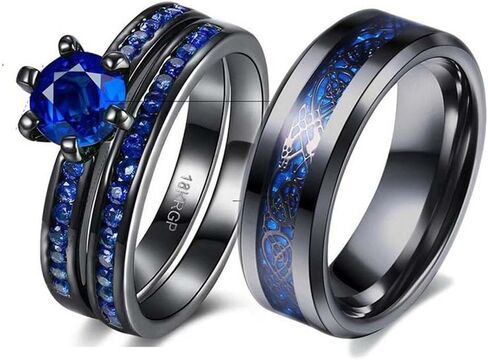LOVERSRING Couple Ring Bridal Sets His Hers 10k Black Gold Filled Blue Cz Stainless Steel Wedding Ring Band Set in Saudi Arabia